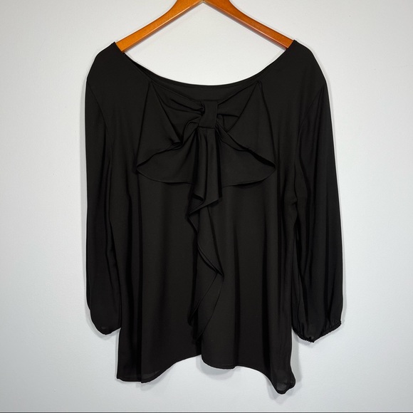 The Limited Black Blouse Womens Large Ruffle Bow Three Quarter Sleeve Scoop Neck - Picture 1 of 8